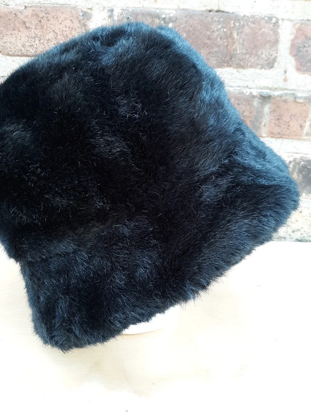 Vintage Style Black Faux Fur Bucket Hat Quilted Silk Feel Lining One Size